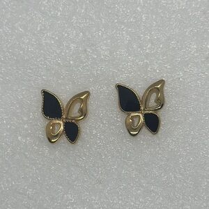 Elegant Gold Tone & Black Enamel Butterfly Stud Earrings - New